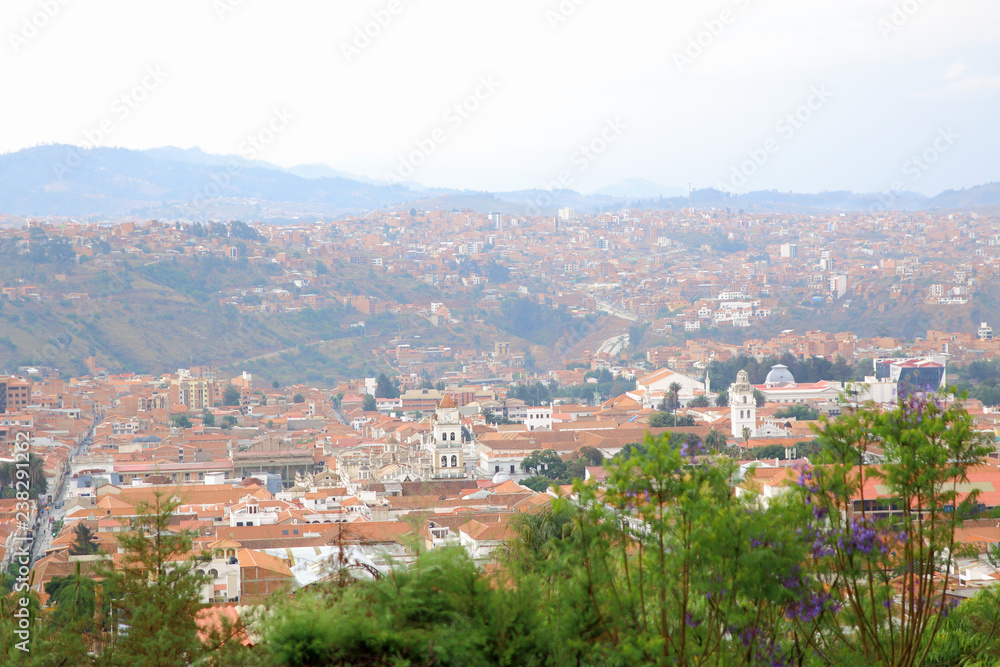 Aerial view of of Sucre, Bolivia with mountains visible in the background
