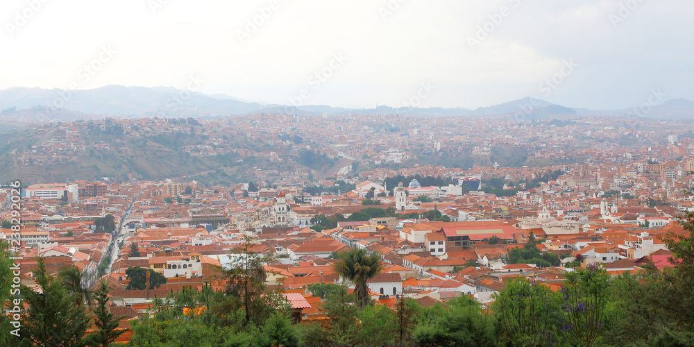 Skyline over Sucre, bolivia. Aerial view over the capital city.