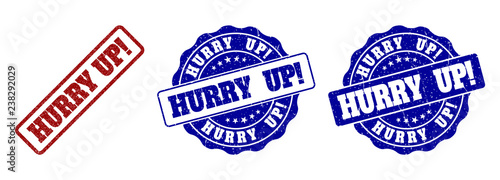 HURRY UP! grunge stamp seals in red and blue colors. Vector HURRY UP! overlays with grunge style. Graphic elements are rounded rectangles, rosettes, circles and text titles.