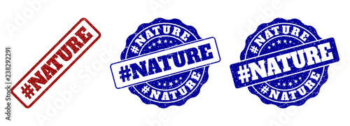 #NATURE scratched stamp seals in red and blue colors. Vector #NATURE imprints with distress texture. Graphic elements are rounded rectangles, rosettes, circles and text titles.