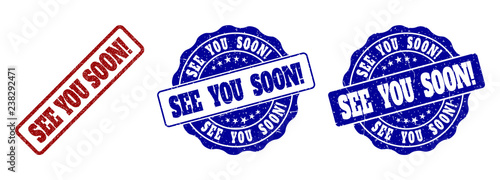 SEE YOU SOON! scratched stamp seals in red and blue colors. Vector SEE YOU SOON! labels with scratced effect. Graphic elements are rounded rectangles, rosettes, circles and text captions.