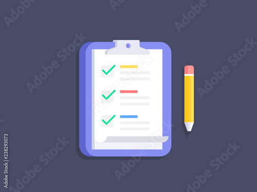 Clipboard with checklist and pencil. Flat design. Vector illustration