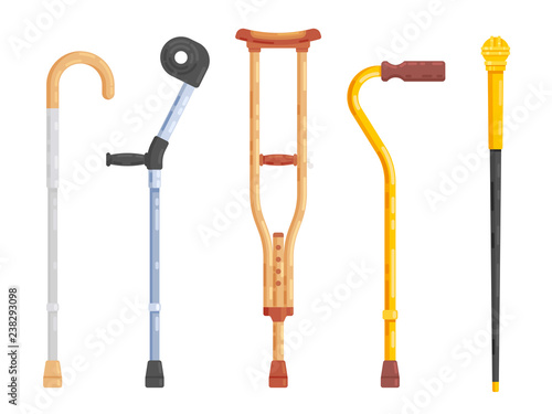 Sticks and crutches isolated on white background. Flat design. Vector illustration
