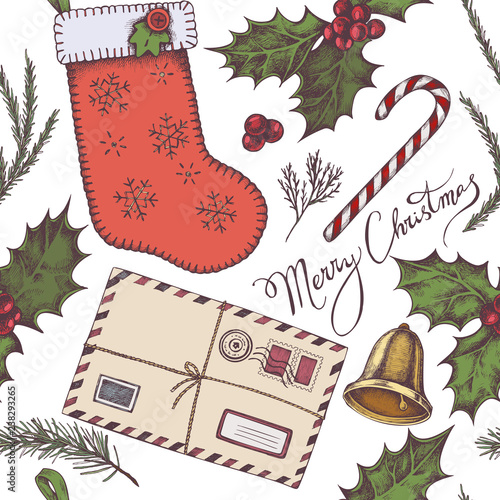 Seamless pattern with colored letters, bells, stocking, lettering, holly, spruce, redwood