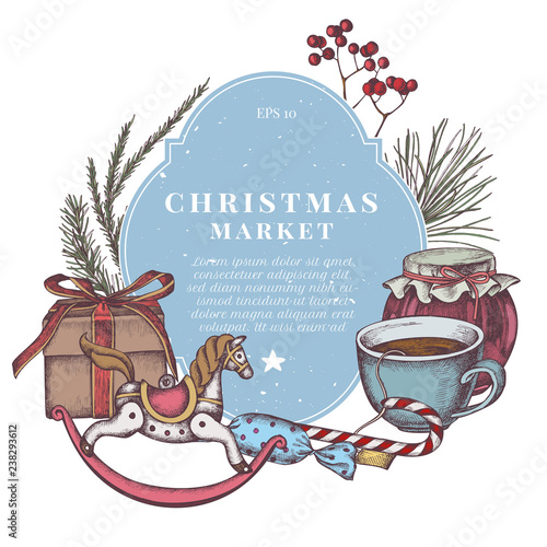 Vector composition with colored lollipop, candies, rowan, jars, tea cup, pine branch, spruce, redwood, toy horse, gift boxes
