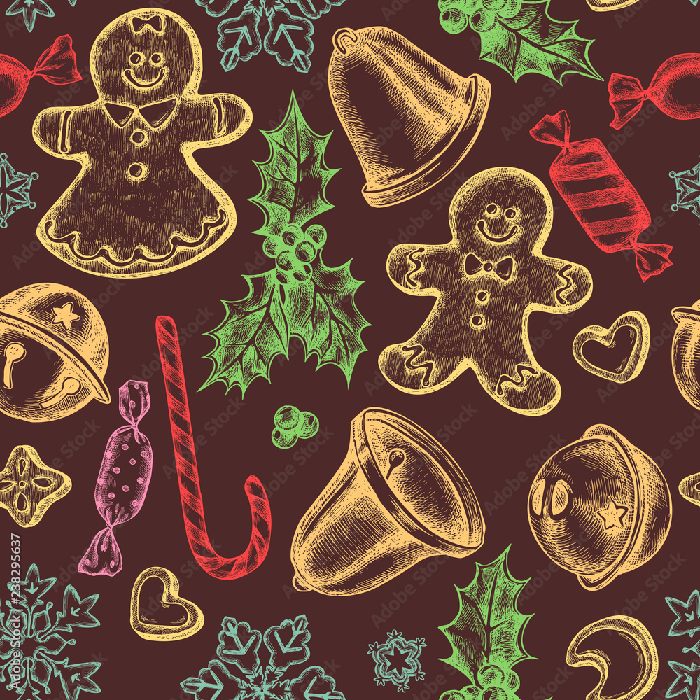 Seamless pattern with colored bells, jingles, gingerbread men, gingerbread, lollipop, candies, snowflakes, holly