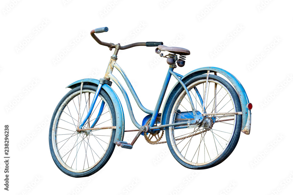 Old blue bike isolated on white background, clipping path.