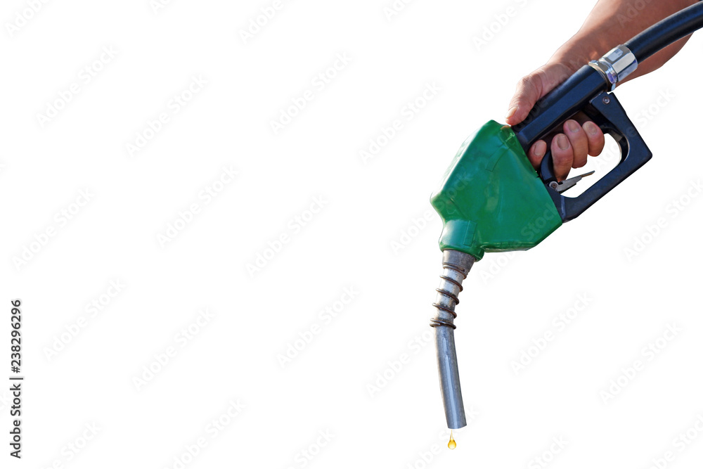 Close-up men hand holding Oil Diesel automatic Nozzle for Fuel Dispenser Gasohol 91 isolated on white background, Gasoline pistol pump, clipping path. Close-up men hand holding Oil Diesel automatic Nozzle for Fuel Dispenser Gasohol 91 isolated on white background, Gasoline pistol pump, clipping path.