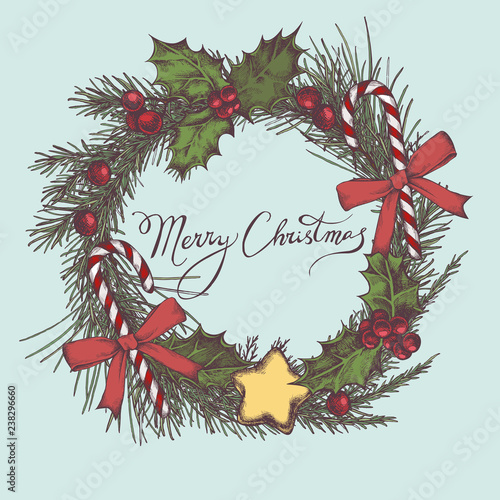 Vector composition with colored decorations, lollipop, bow, holly, rowan, lettering, pine branch, spruce, redwood