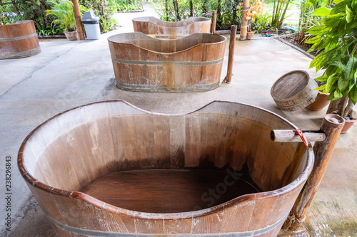 Wooden Bathtub with outdoor for natural hot water, Spa HotTub, Onsen in Thailand. © Oporty786