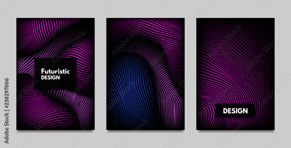 Fluid Metallic Shapes Abstraction. Covers with Trendy Vibrant Gradient and Movement Effect. Abstract Wavy Geometry. Vector Templates with Distortion of Lines. Fluid Shapes for Business Presentation.