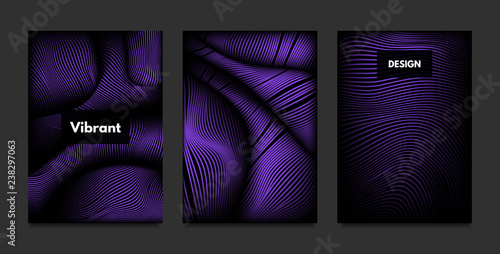 Wave. Abstract Geometry. Cover Design Templates Set with 3d Effect. Vibrant Gradient with Wavy Lines. Trendy Purple Futuristic Illustration with Distortion. Vector Wave for Brochure, Business, Poster. © ingara