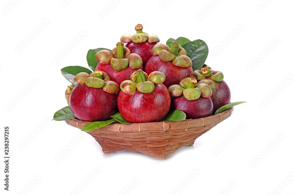 Mangosteen in Thai style basket, isolated on white background. Mangosteen, the famous exotic delicious tropical fruits from Thailand. Mangosteen also known as Queen of fruits. Mangosteen in Thai style basket, isolated on white background. Mangosteen, the famous exotic delicious tropical fruits from Thailand. Mangosteen also known as Queen of fruits.