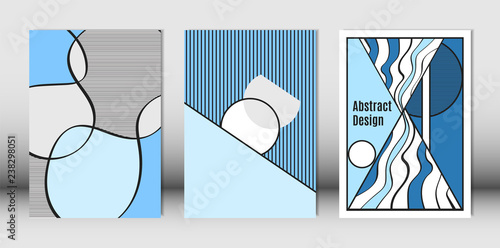 Templates Set with Bauhaus and Geometric Elements in Blue, White and Black Colors. Placards Set with Wavy Stripes, Triangles and Abstract Vector Shapes. Covers for Brochures, Poster, Magazine, Layout.