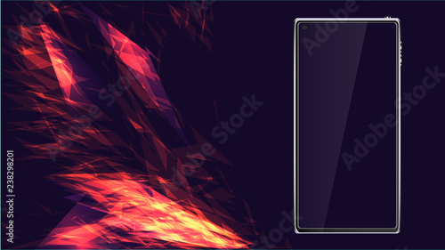 Beautiful modern new smart frameless mobile phone, touch screen smartphone and selfie camera on the screen on an abstract background. Vector illustration