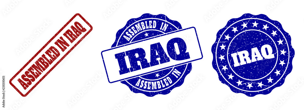 ASSEMBLED IN IRAQ scratched stamp seals in red and blue colors. Vector ASSEMBLED IN IRAQ imprints with draft effect. Graphic elements are rounded rectangles, rosettes, circles and text captions.