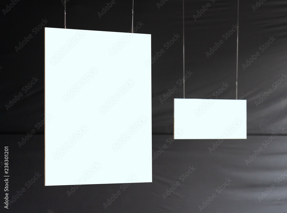 empty hanging picture frame in gallery art exhibition, realistic white blank board for mock up design empty hanging picture frame in gallery art exhibition, realistic white blank board for mock up design