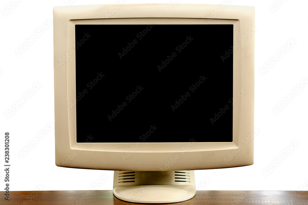 Old CRT computer monitor on 90s office table, blank TV screen display ...