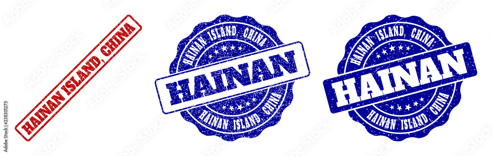 Fototapeta premium HAINAN ISLAND, CHINA grunge stamp seals in red and blue colors. Vector HAINAN ISLAND, CHINA signs with grunge effect. Graphic elements are rounded rectangles, rosettes, circles and text titles.