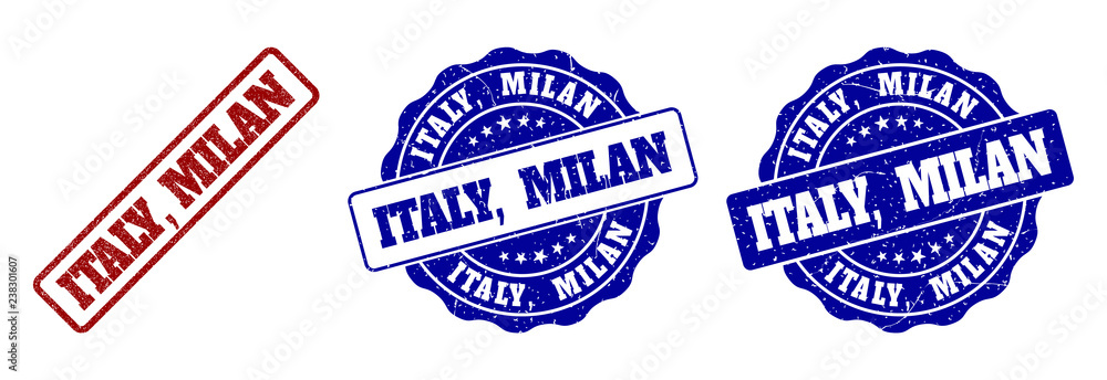 ITALY, MILAN grunge stamp seals in red and blue colors. Vector ITALY, MILAN marks with grunge style. Graphic elements are rounded rectangles, rosettes, circles and text tags.