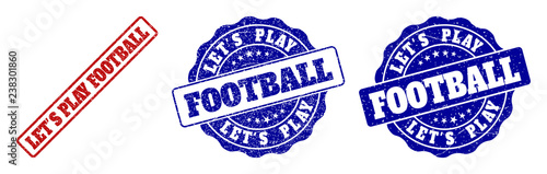 LET'S PLAY FOOTBALL scratched stamp seals in red and blue colors. Vector LET'S PLAY FOOTBALL labels with scratced style. Graphic elements are rounded rectangles, rosettes, circles and text labels.