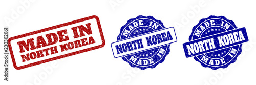 MADE IN NORTH KOREA grunge stamp seals in red and blue colors. Vector MADE IN NORTH KOREA overlays with grunge texture. Graphic elements are rounded rectangles, rosettes, circles and text titles. photo