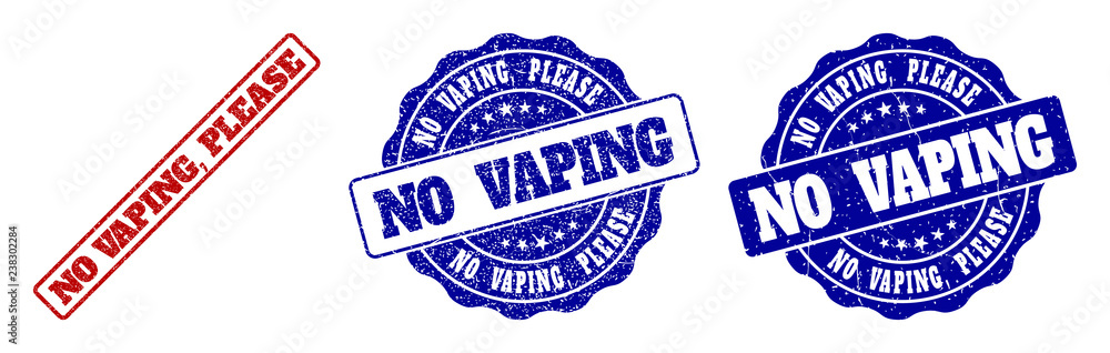 Fototapeta premium NO VAPING, PLEASE scratched stamp seals in red and blue colors. Vector NO VAPING, PLEASE imprints with scratced texture. Graphic elements are rounded rectangles, rosettes, circles and text labels.