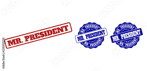 MR. PRESIDENT grunge stamp seals in red and blue colors. Vector MR. PRESIDENT labels with grunge texture. Graphic elements are rounded rectangles, rosettes, circles and text captions.