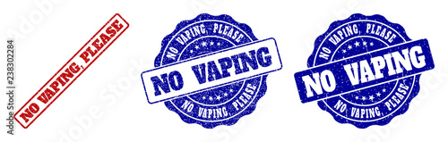 NO VAPING, PLEASE scratched stamp seals in red and blue colors. Vector NO VAPING, PLEASE imprints with scratced texture. Graphic elements are rounded rectangles, rosettes, circles and text labels.