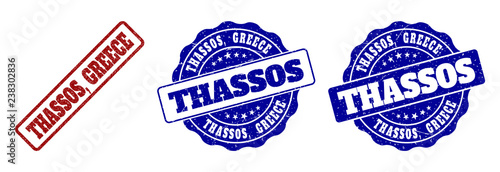 THASSOS, GREECE grunge stamp seals in red and blue colors. Vector THASSOS, GREECE labels with grunge texture. Graphic elements are rounded rectangles, rosettes, circles and text tags.