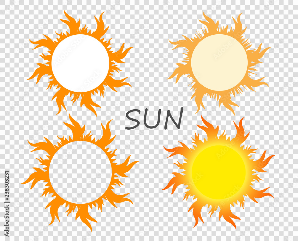 Selection of suns with tongues of flame. Vector design elements on isolated transparent background. Selection of suns with tongues of flame. Vector design elements on isolated transparent background.