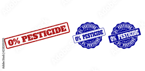 0% PESTICIDE grunge stamp seals in red and blue colors. Vector 0% PESTICIDE overlays with grunge texture. Graphic elements are rounded rectangles, rosettes, circles and text tags.