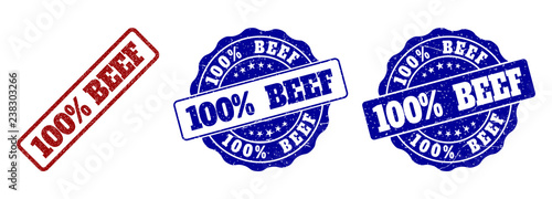 100% BEEF grunge stamp seals in red and blue colors. Vector 100% BEEF imprints with grunge effect. Graphic elements are rounded rectangles, rosettes, circles and text titles.