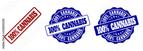 100% CANNABIS grunge stamp seals in red and blue colors. Vector 100% CANNABIS imprints with grunge surface. Graphic elements are rounded rectangles, rosettes, circles and text labels.