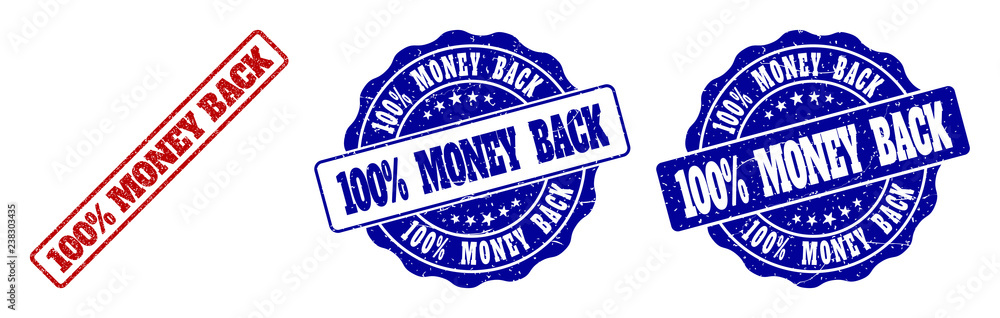 100% MONEY BACK grunge stamp seals in red and blue colors. Vector 100% MONEY BACK marks with grunge texture. Graphic elements are rounded rectangles, rosettes, circles and text captions. 100% MONEY BACK grunge stamp seals in red and blue colors. Vector 100% MONEY BACK marks with grunge texture. Graphic elements are rounded rectangles, rosettes, circles and text captions.