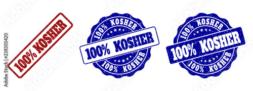 100% KOSHER grunge stamp seals in red and blue colors. Vector 100% KOSHER marks with grainy effect. Graphic elements are rounded rectangles, rosettes, circles and text captions.