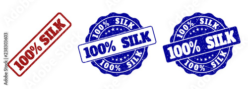 100% SILK grunge stamp seals in red and blue colors. Vector 100% SILK labels with scratced style. Graphic elements are rounded rectangles, rosettes, circles and text labels.