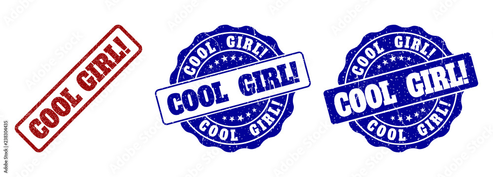COOL GIRL! scratched stamp seals in red and blue colors. Vector COOL GIRL! overlays with scratced effect. Graphic elements are rounded rectangles, rosettes, circles and text titles.