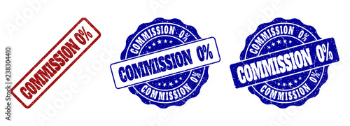 COMMISSION 0% grunge stamp seals in red and blue colors. Vector COMMISSION 0% marks with grunge surface. Graphic elements are rounded rectangles, rosettes, circles and text captions.