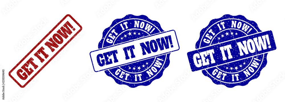 GET IT NOW! grunge stamp seals in red and blue colors. Vector GET IT NOW! labels with grunge effect. Graphic elements are rounded rectangles, rosettes, circles and text tags. GET IT NOW! grunge stamp seals in red and blue colors. Vector GET IT NOW! labels with grunge effect. Graphic elements are rounded rectangles, rosettes, circles and text tags.