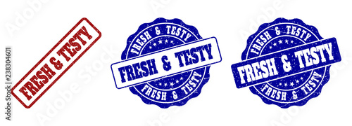 FRESH & TESTY grunge stamp seals in red and blue colors. Vector FRESH & TESTY labels with draft effect. Graphic elements are rounded rectangles, rosettes, circles and text labels.