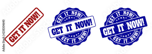 GET IT NOW! grunge stamp seals in red and blue colors. Vector GET IT NOW! labels with grunge effect. Graphic elements are rounded rectangles, rosettes, circles and text tags.
