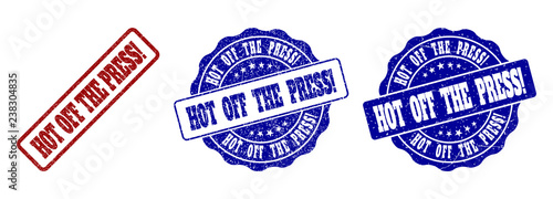 HOT OFF THE PRESS! grunge stamp seals in red and blue colors. Vector HOT OFF THE PRESS! labels with grainy surface. Graphic elements are rounded rectangles, rosettes, circles and text labels.