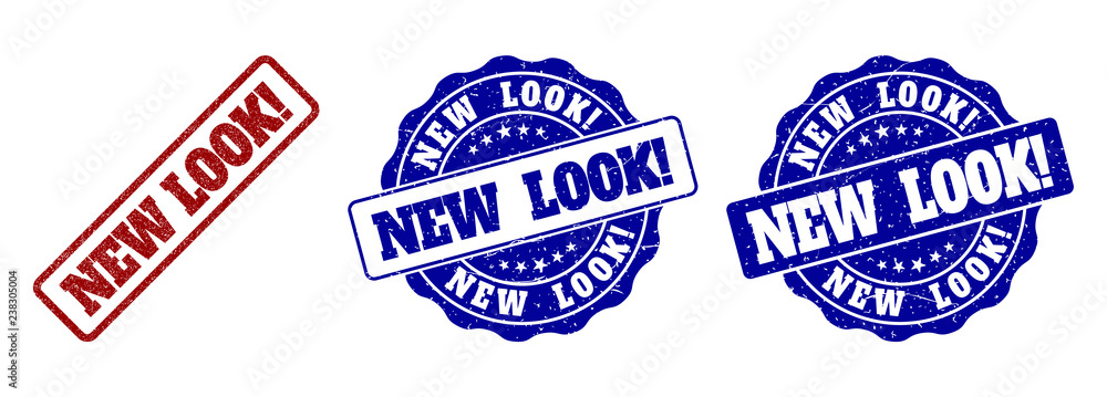 NEW LOOK! grunge stamp seals in red and blue colors. Vector NEW LOOK! signs with grunge effect. Graphic elements are rounded rectangles, rosettes, circles and text tags. NEW LOOK! grunge stamp seals in red and blue colors. Vector NEW LOOK! signs with grunge effect. Graphic elements are rounded rectangles, rosettes, circles and text tags.