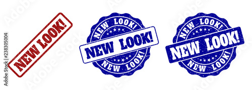 NEW LOOK! grunge stamp seals in red and blue colors. Vector NEW LOOK! signs with grunge effect. Graphic elements are rounded rectangles, rosettes, circles and text tags.