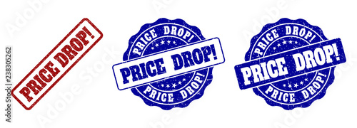 PRICE DROP! scratched stamp seals in red and blue colors. Vector PRICE DROP! overlays with draft effect. Graphic elements are rounded rectangles, rosettes, circles and text tags.
