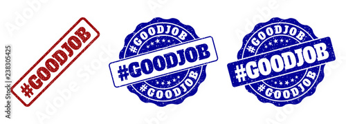 #GOODJOB grunge stamp seals in red and blue colors. Vector #GOODJOB imprints with grunge effect. Graphic elements are rounded rectangles, rosettes, circles and text captions.