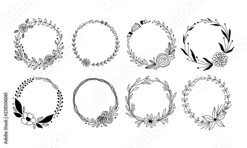 vector botanical collection of floral and herbal wreaths. isolated vector wreath with plants, branches and flowers ink sketch design. hand drawn line art set for cards, invitations, logo, diy projects