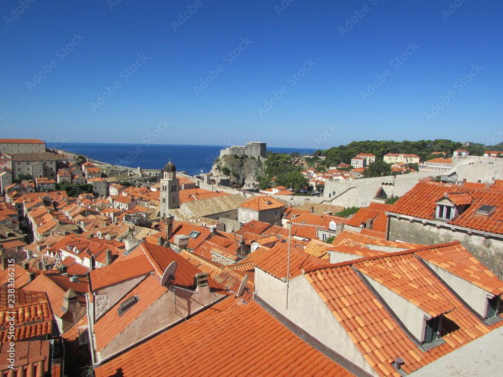 Red roofs of Dubrovnik old town, view from city wall, Croatia