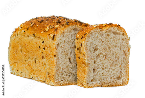 whole wheat bread isolated, texture detail of whole-grain seed. Different varieties of grains. whole grain bread isolated on white background. whole grain bread isolated on white background